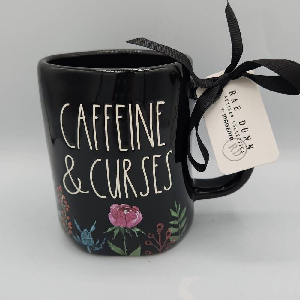 Rae Dunn Halloween Caffeine & Curses black floral mug
